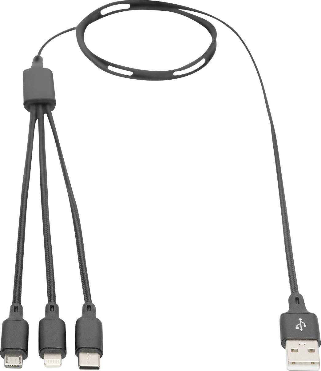 Schwarzes Multi-Ladekabel mit USB-Anschluss auf der einen Seite und drei verschiedenen Anschlüssen auf der anderen Seite.