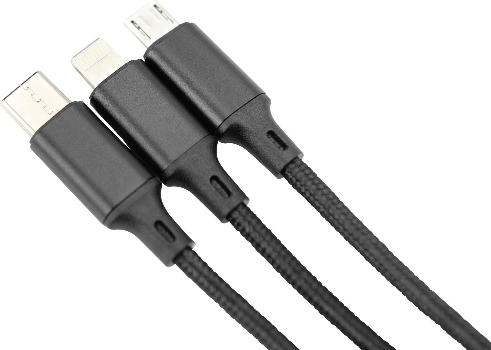 Drei schwarze Ladekabel nebeneinander, jeweils mit unterschiedlichen Anschlüssen: USB-C, Lightning und Micro-USB.