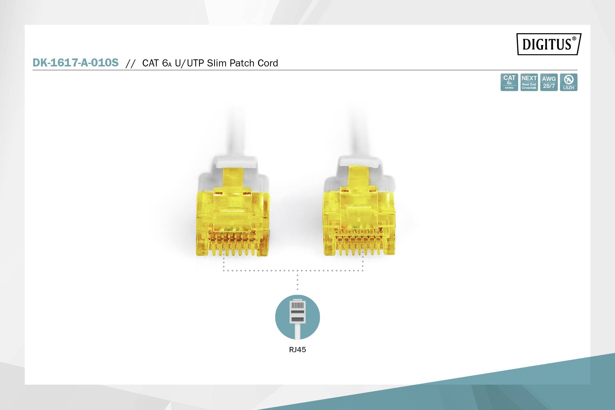 Zwei gelbe RJ45-Stecker, beschrieben als 'CAT & U/UTP Slim Patch Cord', nebeneinander auf weißem Hintergrund.