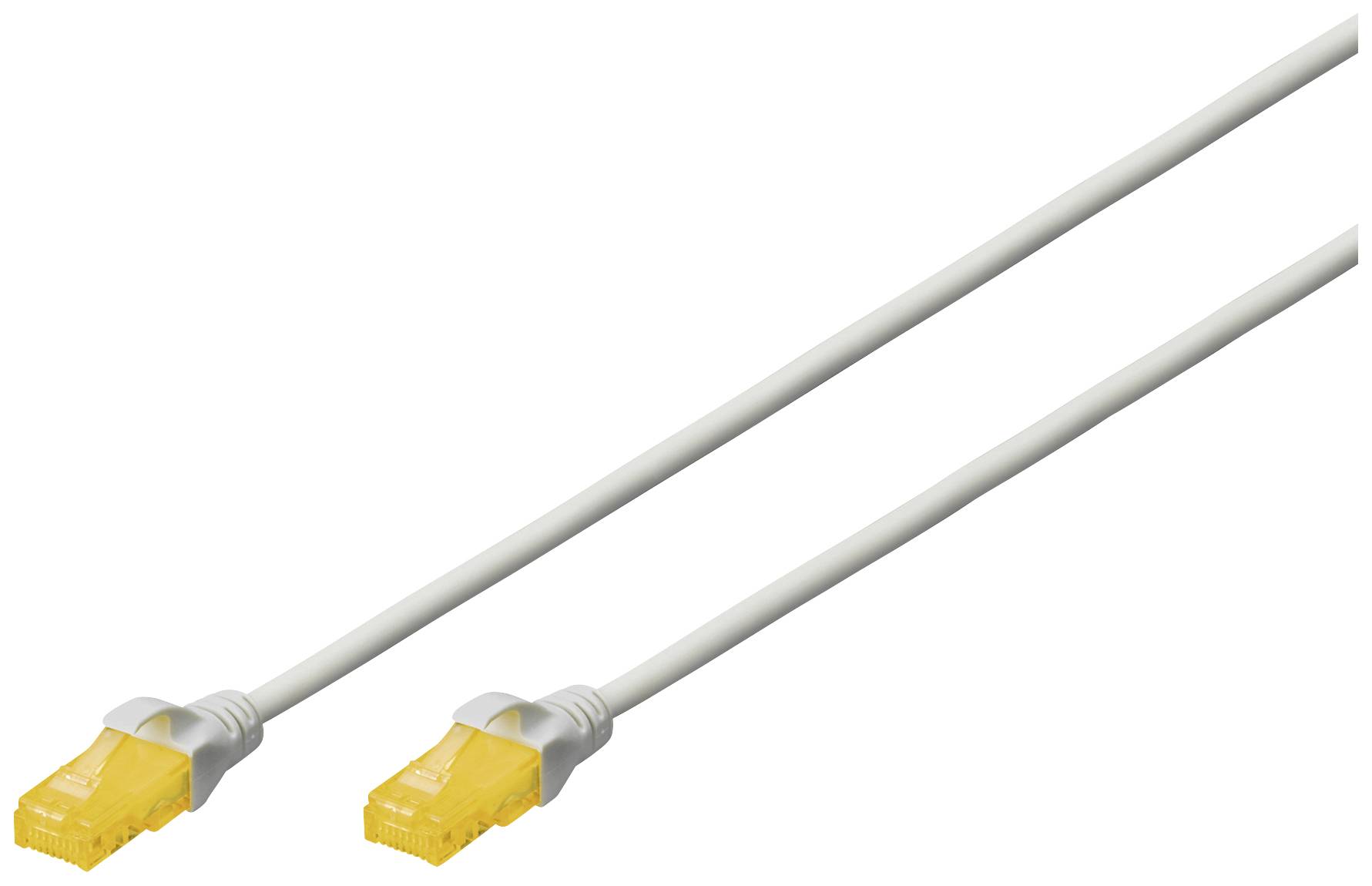 Ein weißes Ethernet-Kabel mit gelben Steckern an beiden Enden, geeignet für Netzwerkverbindungen.
