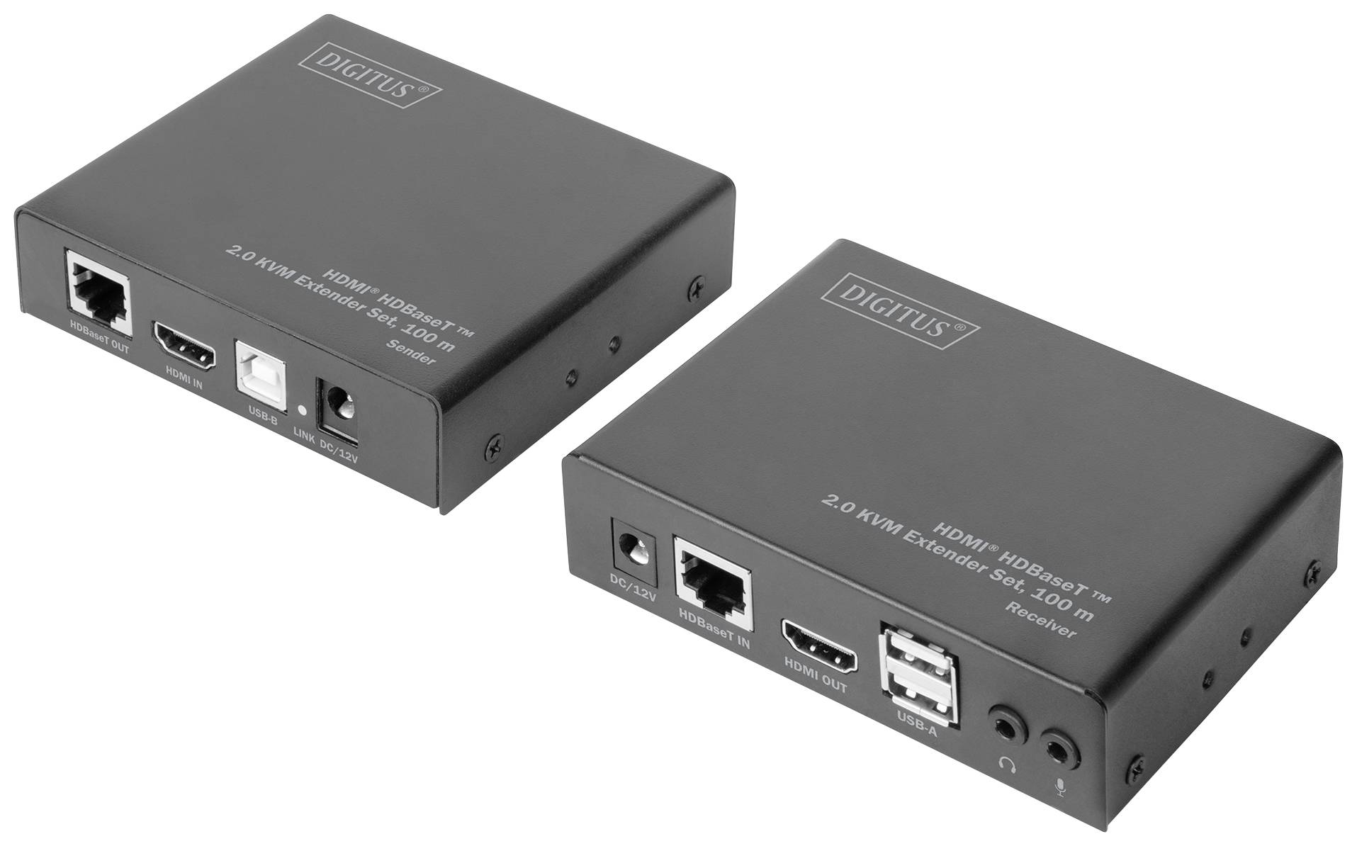 Zwei schwarze Digitus HDMI-Extender mit Anschlüssen für HDMI, USB und Ethernet. Modelle für Signalübertragung über größere Distanzen.