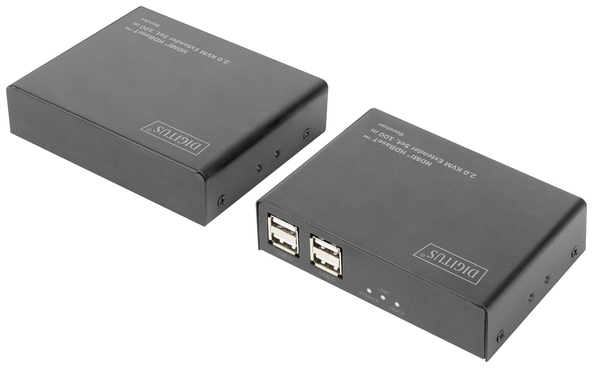 Zwei schwarze HDMI-Sender mit USB-Anschlüssen und dem Label 'Digitus', die zur drahtlosen Übertragung von Bildsignalen genutzt werden.