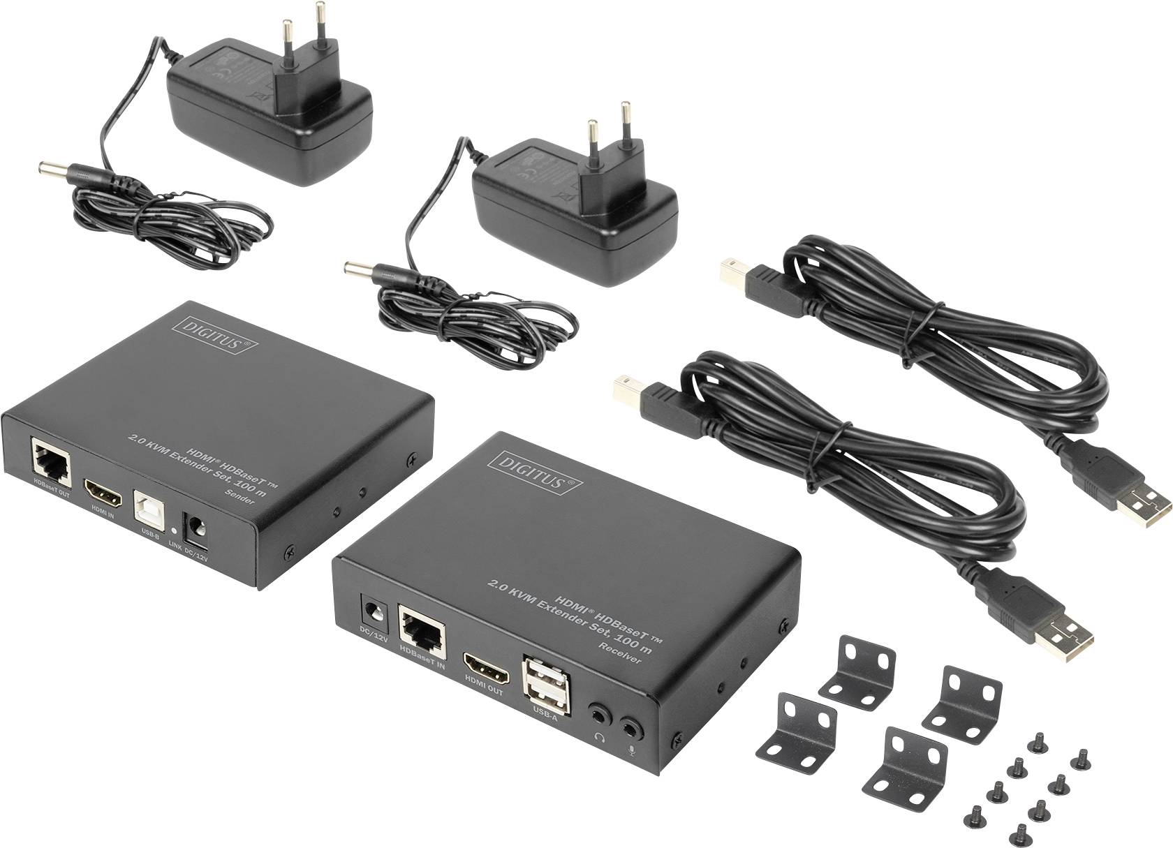 Zwei Digitus Adapter, Netzteile, USB-Kabel und Montagezubehör auf weißem Hintergrund. Adapter haben HDMI- und Ethernetanschlüsse.