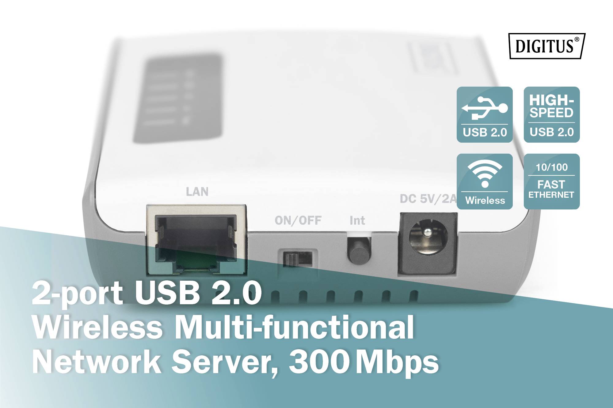 Digitus DN-13024 Netzwerk Printserver USB-A, LAN (10/100 MBit/s), WLAN 802.11 b/g/n