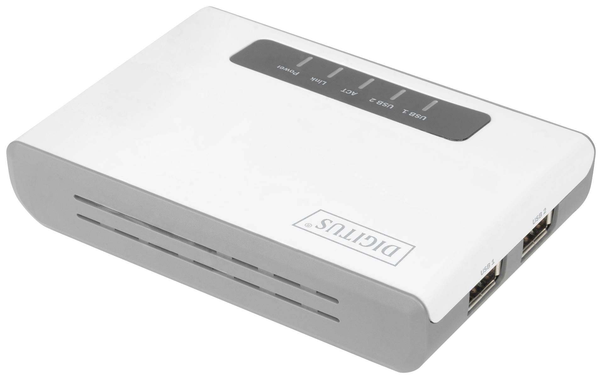 Kleiner, weißer USB-Hub mit vier Anschlüssen und grauem Streifen oben.