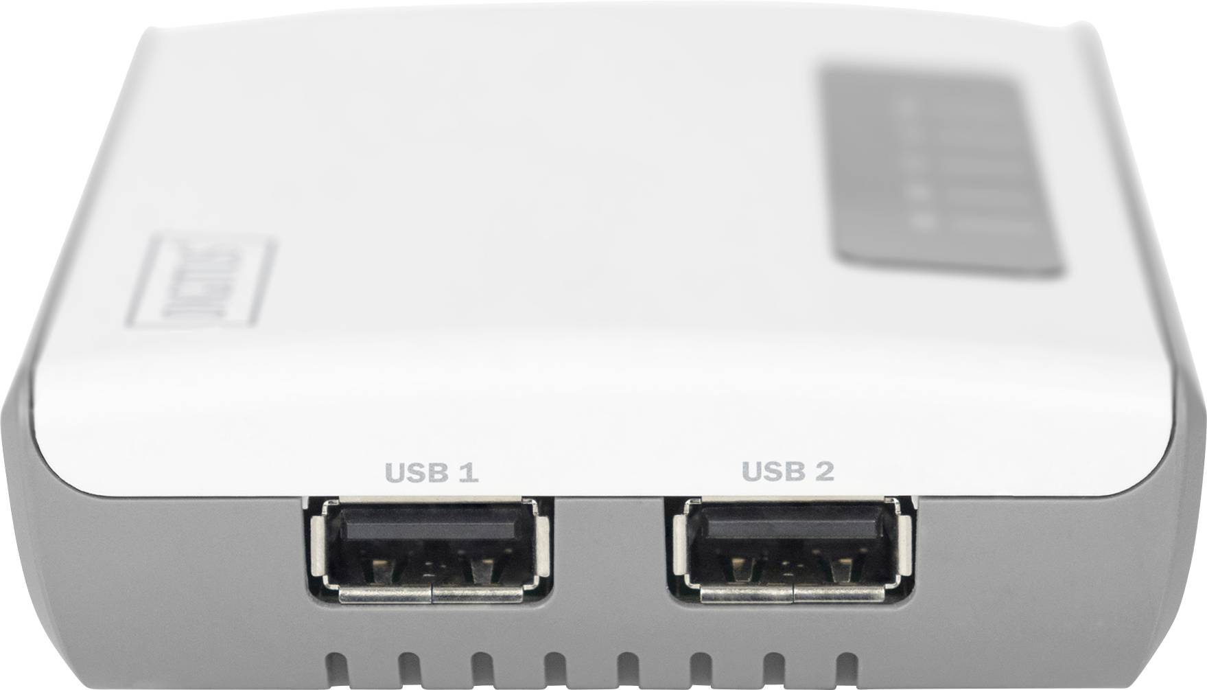 Ein weißer WLAN-Router von vorne mit zwei sichtbaren USB-Anschlüssen, gekennzeichnet als 'USB 1' und 'USB 2'.