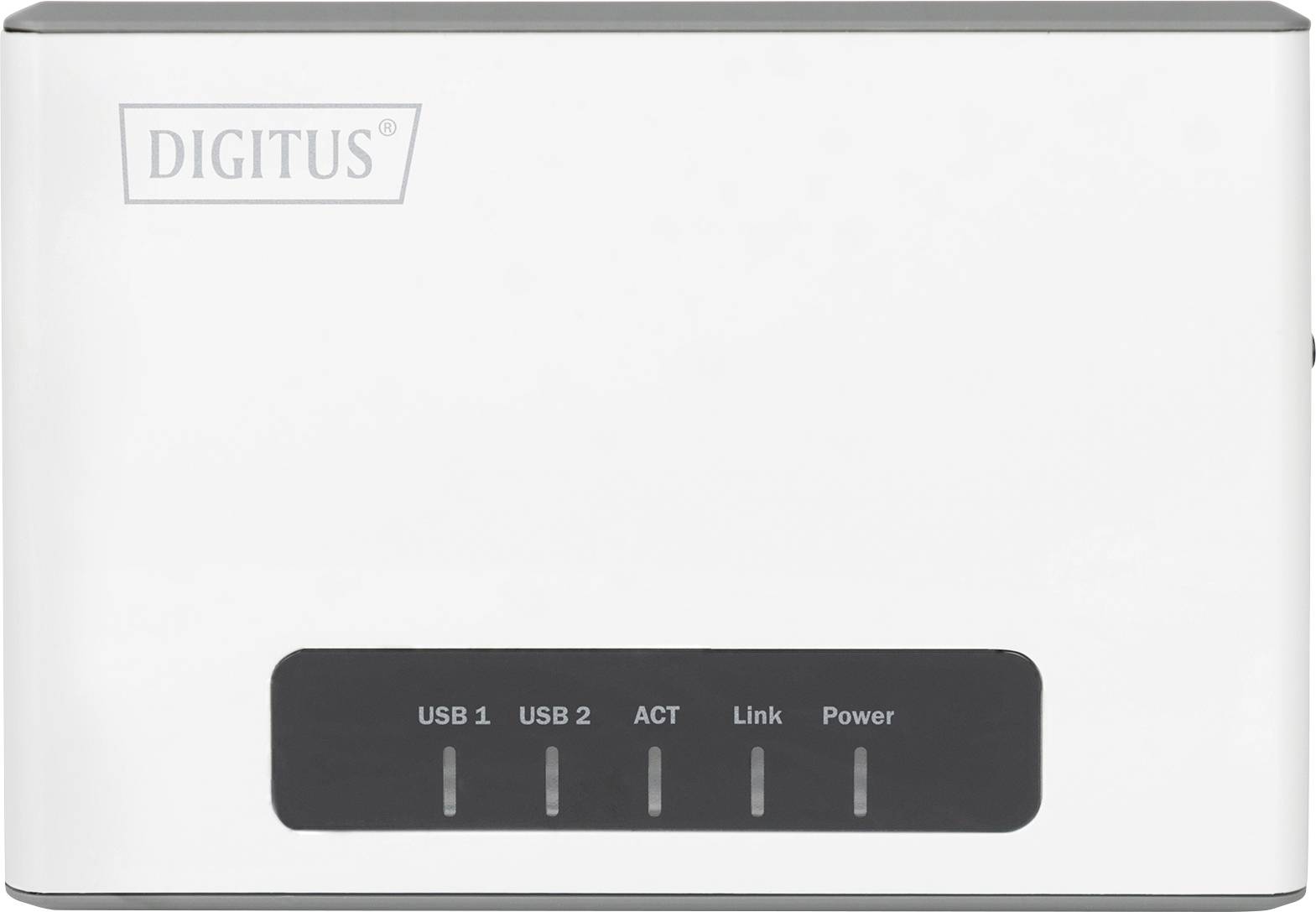 Ein USB-Hub mit fünf LED-Anzeigen: USB 1, USB 2, ACT, Link und Power. Oben links ist das Logo von 'DIGITUS' sichtbar.