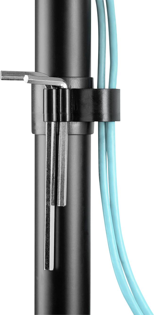 Eine schwarze Metallstange mit einer Halterung, die zwei Inbusschlüssel hält. Daneben verlaufen mehrere blaue Kabel senkrecht.
