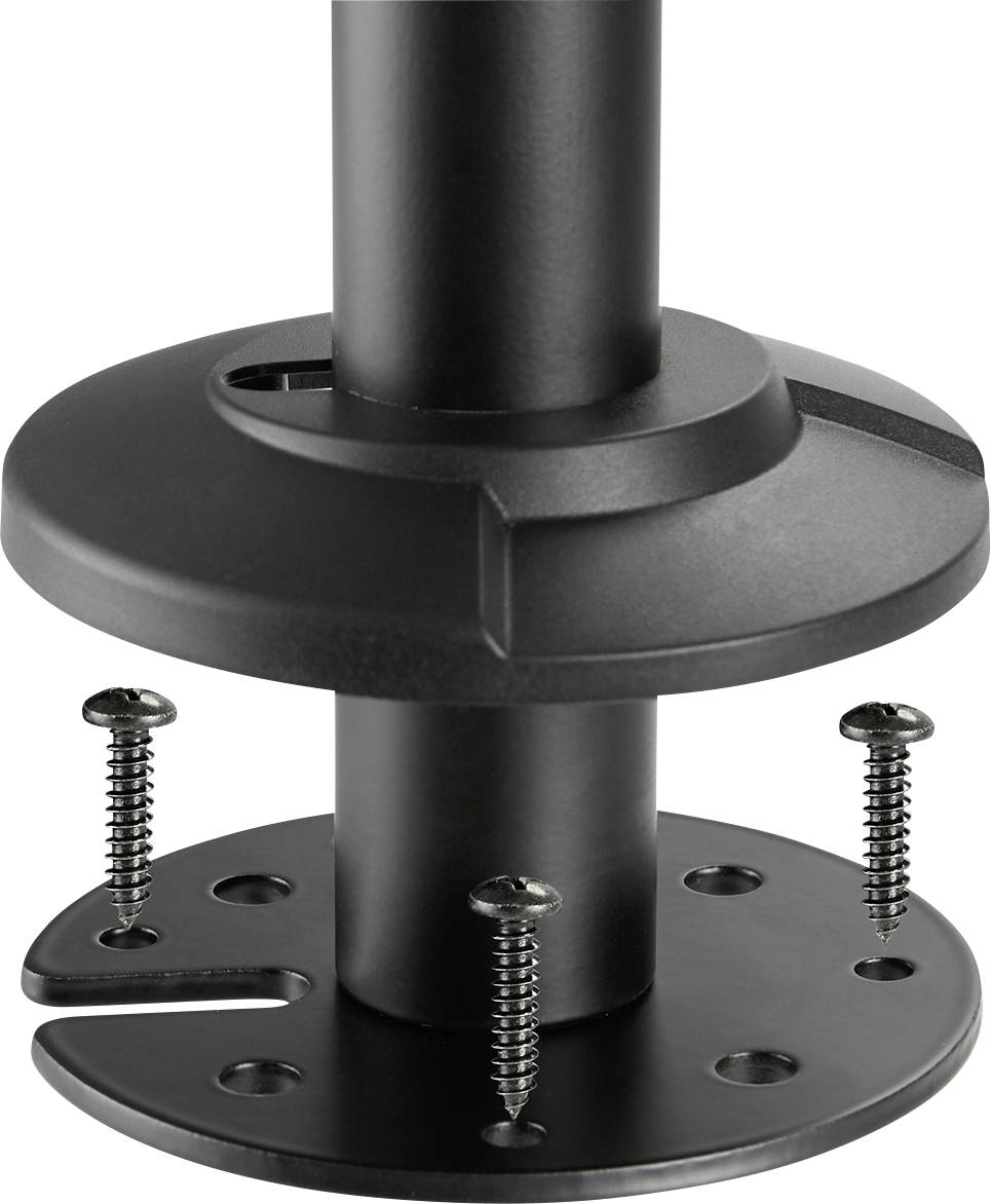 Schwarze Halterung mit runder Basis, Metallstange und vier sichtbaren Schrauben.