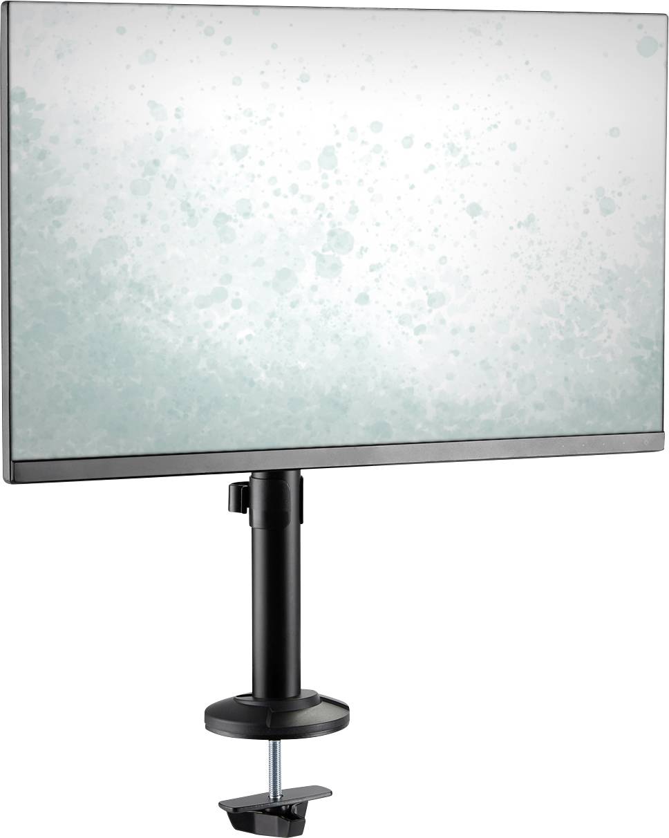 Ein Monitor mit hellblauem Sprenkelmuster auf dem Bildschirm, montiert auf einem schwarz verstellbaren Tischhalterung.