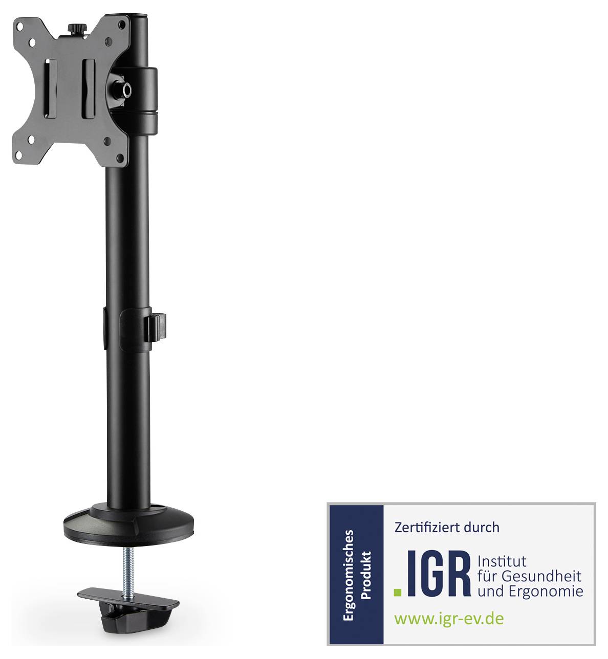 Ein schwarzer, höhenverstellbarer Monitorständer, zertifiziert von 'Institut für Gesundheit und Ergonomie' mit Logo und Website-Adresse.