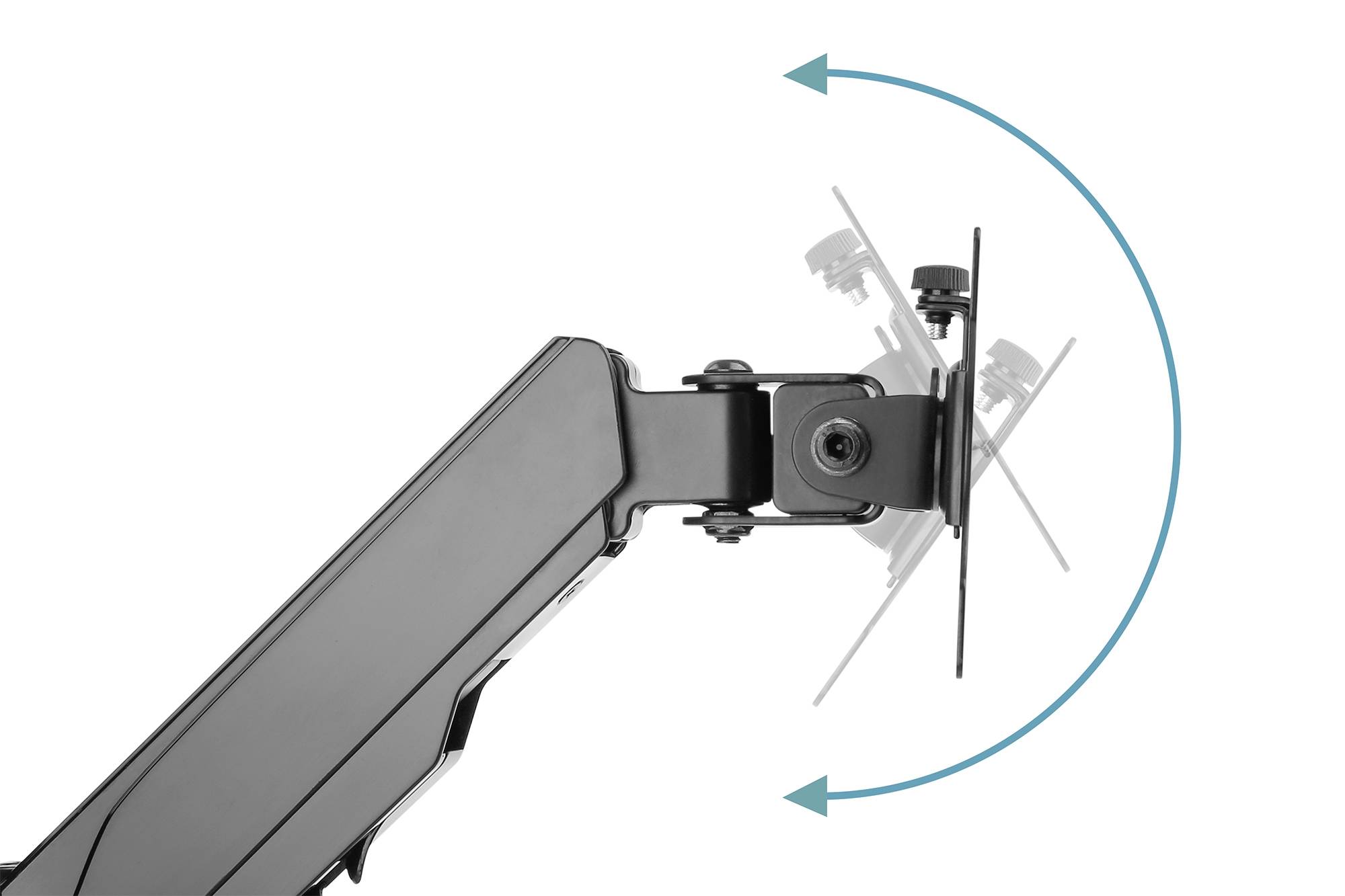 Monitorhalterung seitlich abgebildet, zeigt drehbaren Arm und Scharniere, mit Pfeilen, die die mögliche Neigung und Rotation anzeigen.