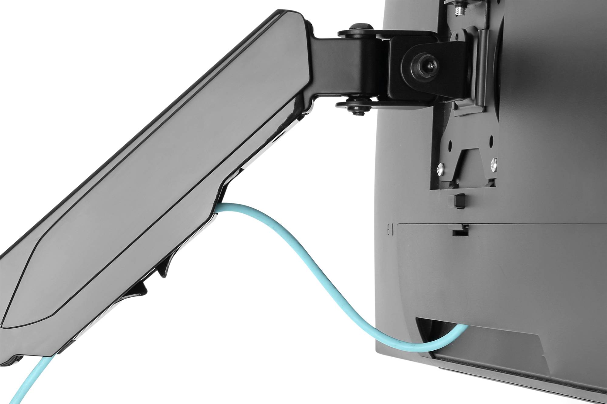 Ein Kabelmanagementsystem organisiert ein blaues Kabel an einem Halterungsarm, der an einem Bildschirm befestigt ist.