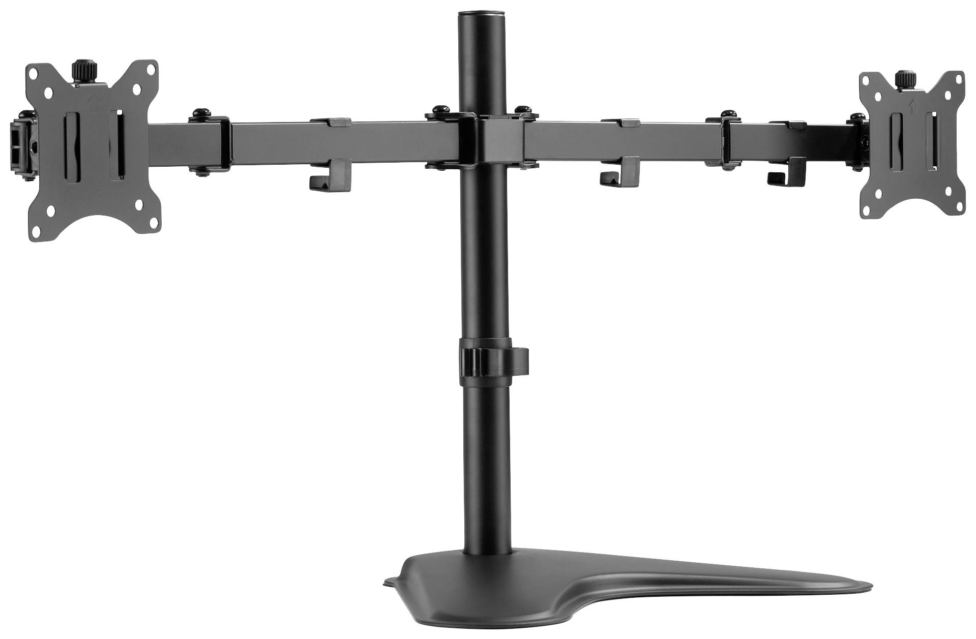 Doppelter Monitorständer aus Metall mit verstellbaren Armen und Standard-VESA-Halterungen, auf stabilem Sockel montiert.