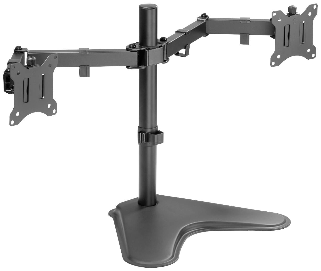 Doppelte Monitorhalterung aus Metall mit verstellbaren Armen und stabiler Basis, geeignet zur Montage von zwei Monitoren im Büro.