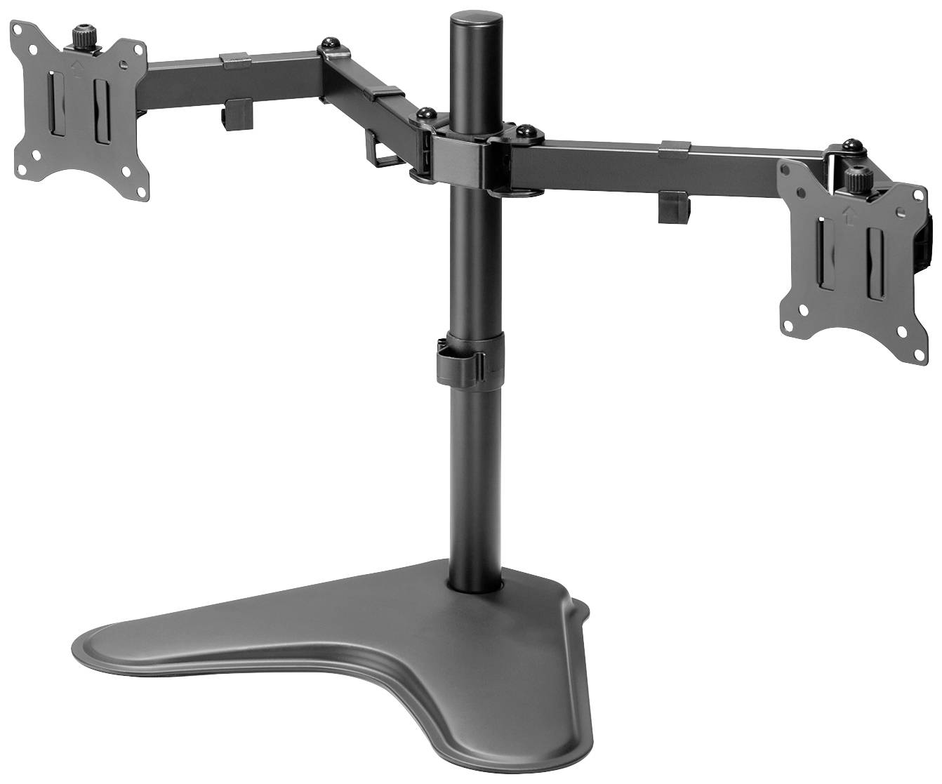 Monitorständer aus Metall mit zwei Armen für Bildschirme, verstellbar in Höhe und Winkel, auf robustem Sockel montiert.