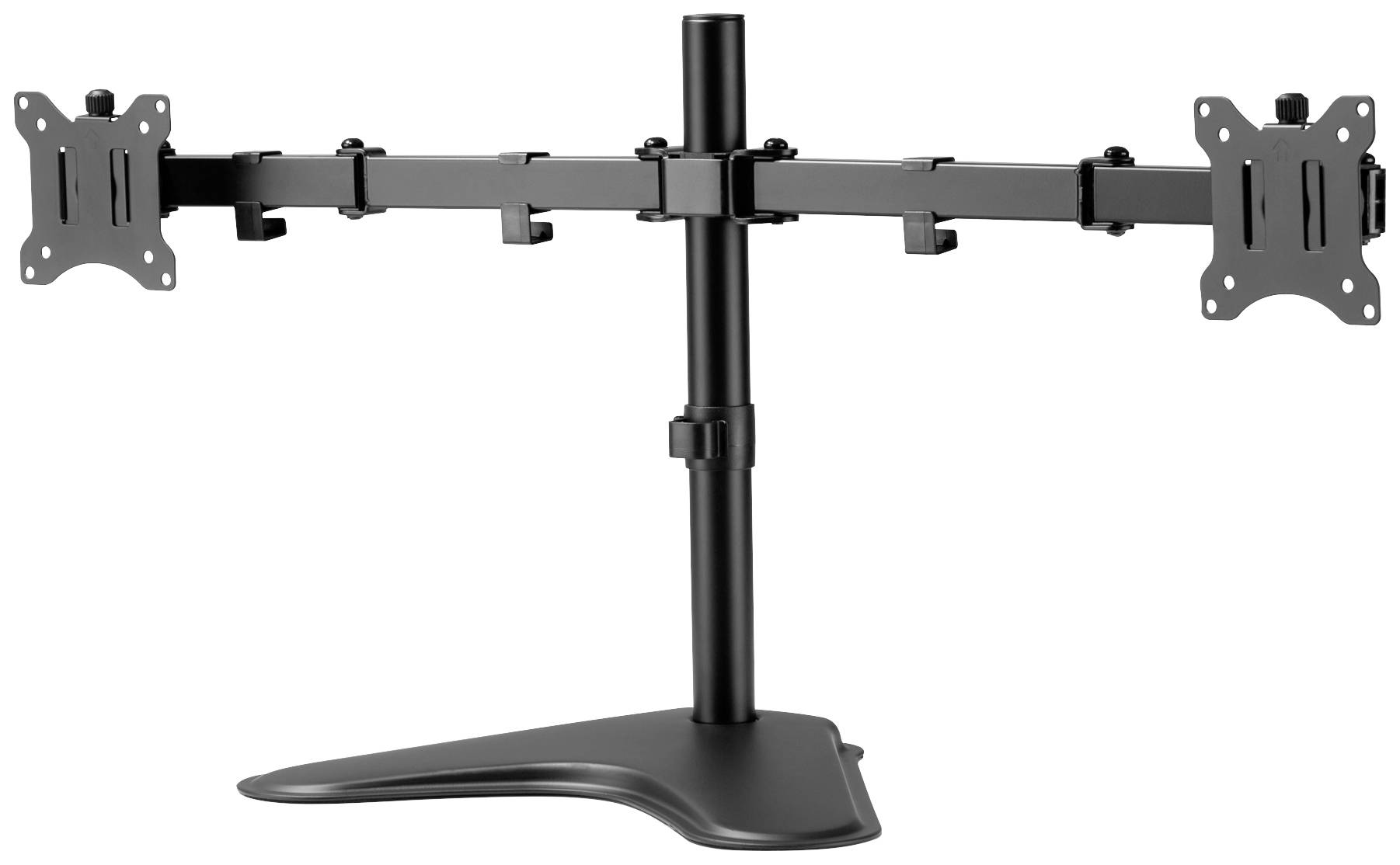 Doppelte Monitorhalterung aus schwarzem Metall mit verstellbaren Armen und stabilem Standfuß, geeignet für zwei Bildschirme.