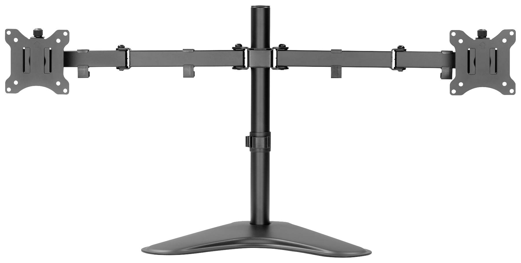 Zweiarmiger Monitorständer in Schwarz, geeignet für zwei Bildschirme. Verstellbare Halterungen mit stabiler Basis für Schreibtischgebrauch.