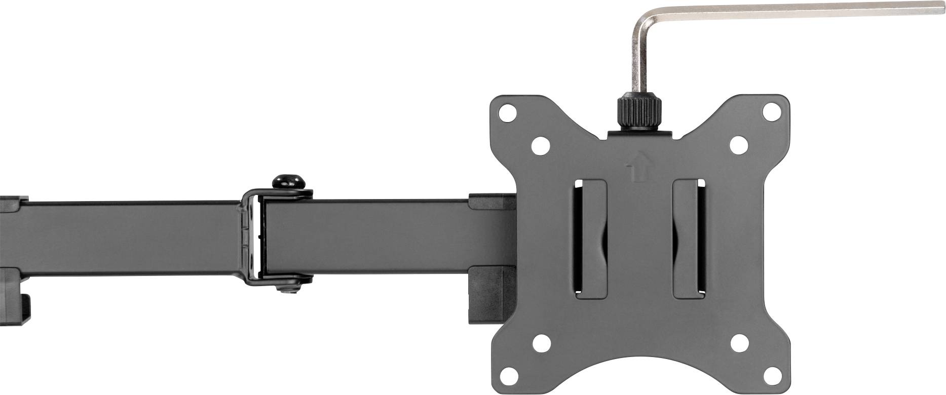 Eine schwarze Monitorhalterung mit Schrauben, anpassbarem Arm und einem Inbusschlüssel oben, passend für VESA-kompatible Bildschirme.