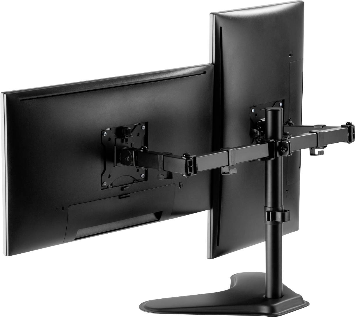 Zwei Computerbildschirme auf einem Ständer, von hinten gezeigt. Die Monitore sind nebeneinander montiert und teilen sich einen stabilen Standfuß.