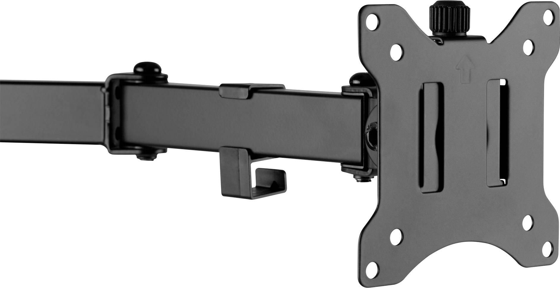 Ein schwarzer, verstellbarer Monitorarm mit einem VESA-Halterungsanschluss, geeignet zur Befestigung an Schreibtischen.