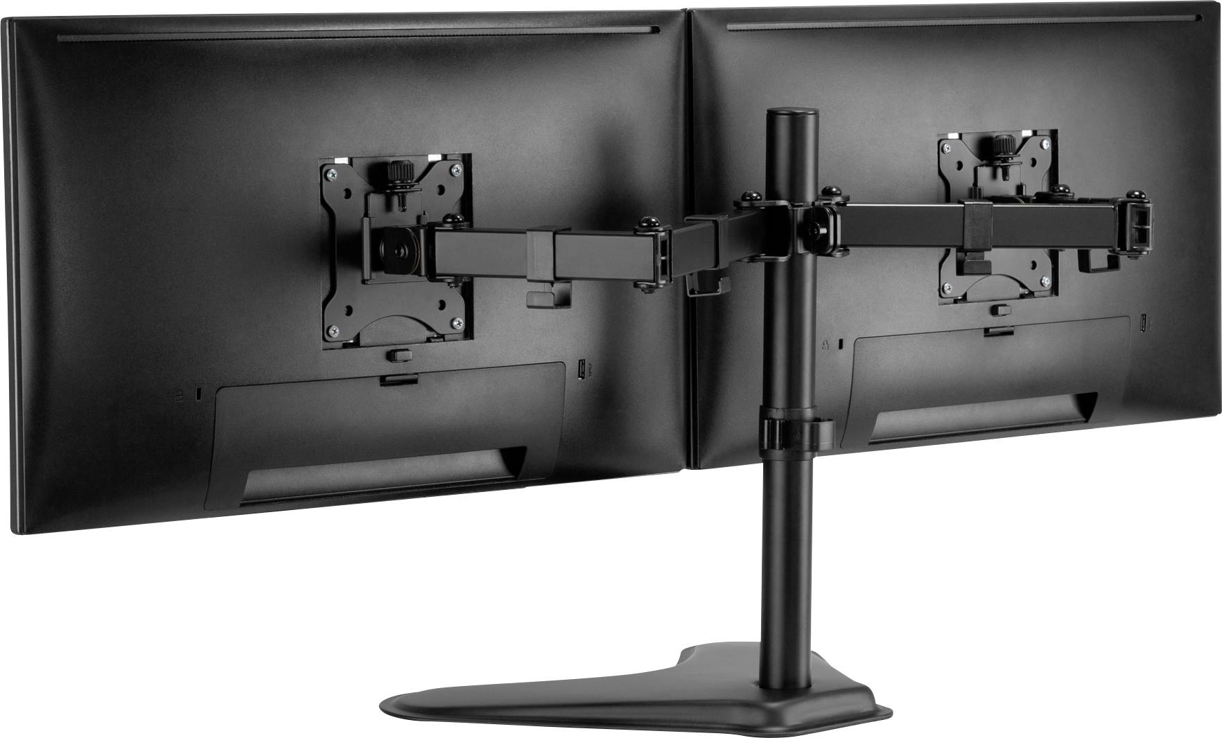 Zwei schwarze Monitore auf einem doppelten Schwenkarmständer aus Metall, nebeneinander befestigt und nach hinten gekippt.