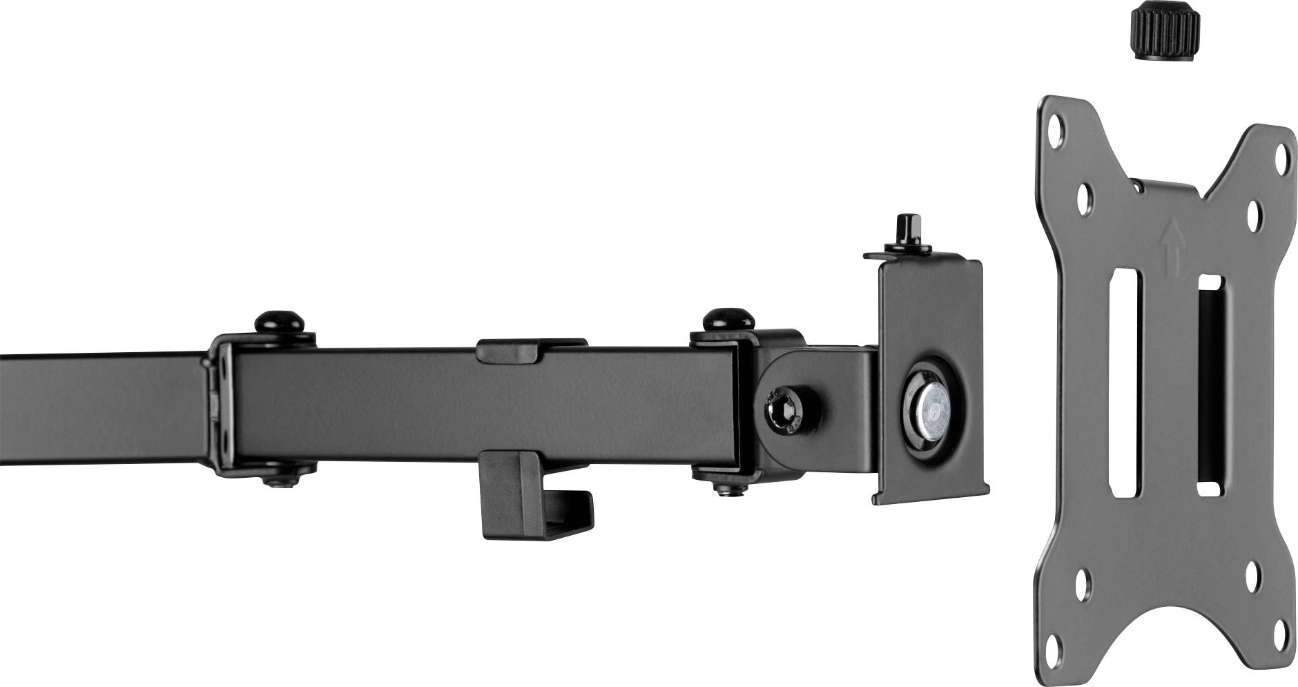 Schwarz-graue Monitorhalterung mit verstellbarem Arm und VESA-Halterung, geeignet zur Befestigung an einer Wand oder einem Tisch.