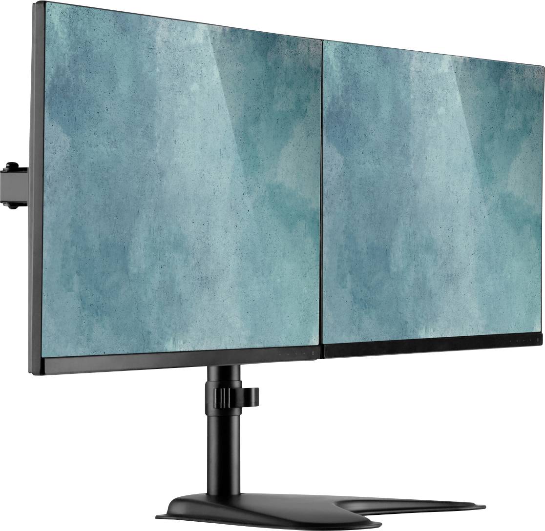Zwei nebeneinander stehende Bildschirme auf einem Monitorständer, Hintergrund ist eine türkise abstrakte Textur.