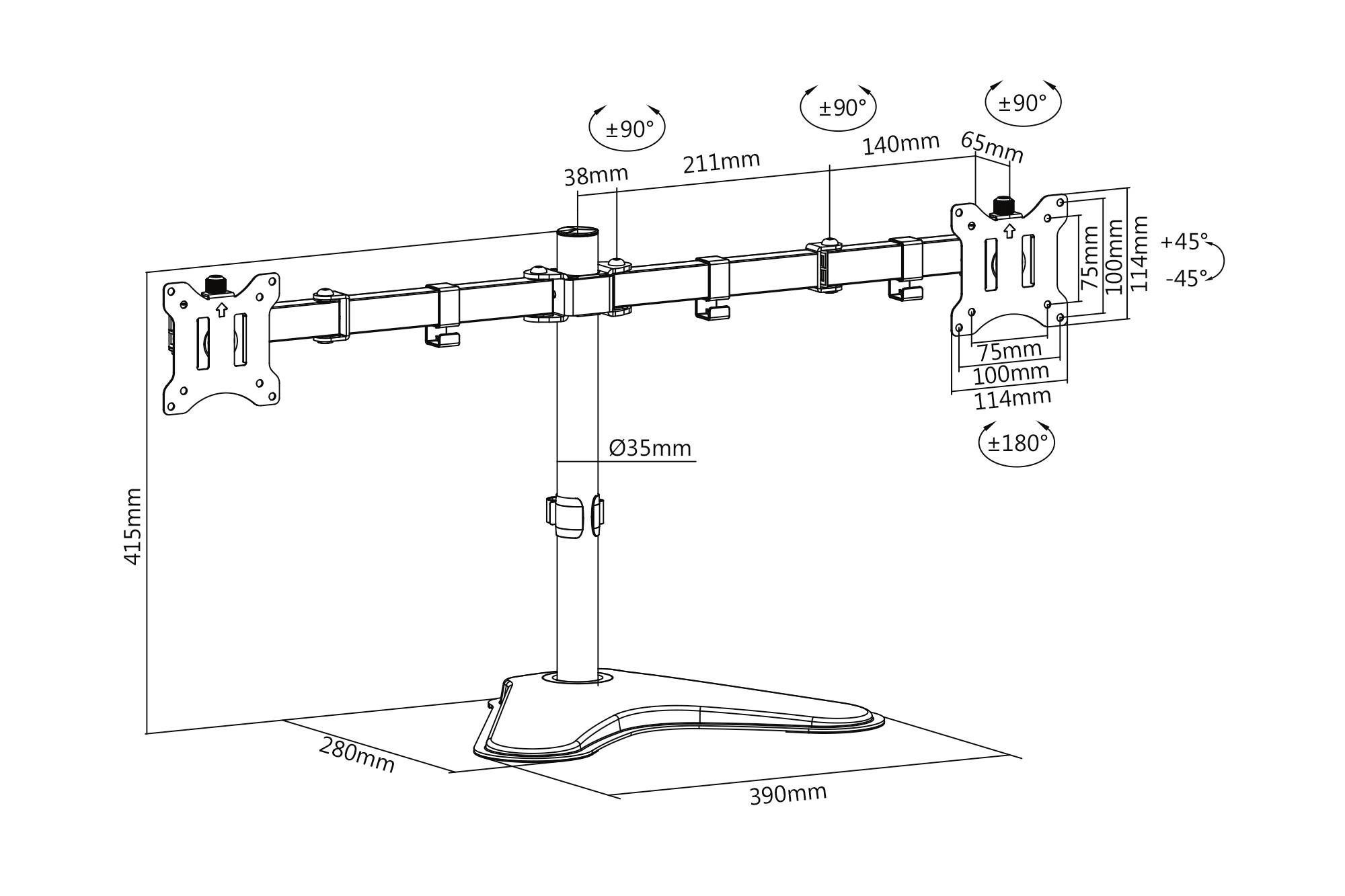 Montagezeichnung eines Monitorständers mit zwei Halterungen. Angegebene Maße und Drehwinkel für Höhenanpassung und Neigung.
