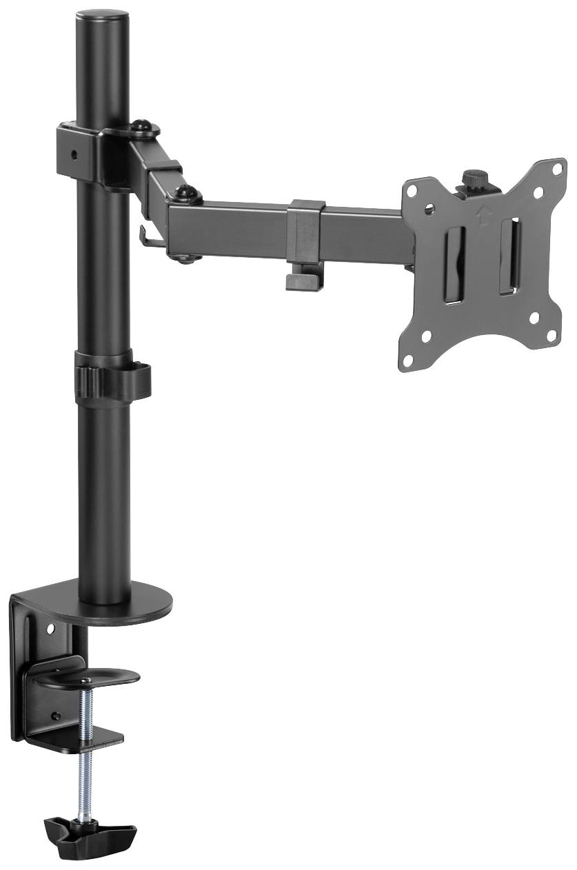 Schwarze Monitorhalterung mit verstellbarem Arm und Klemmhalterung zur Befestigung an einem Tisch. Geeignet für Bildschirme.