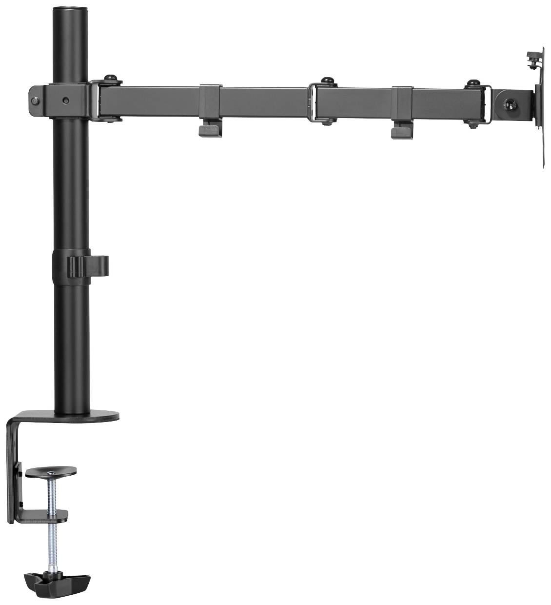 Ein verstellbarer schwarzer Monitorarm mit Tischklammer zur Befestigung, geeignet für die ergonomische Platzierung von Bildschirmen.