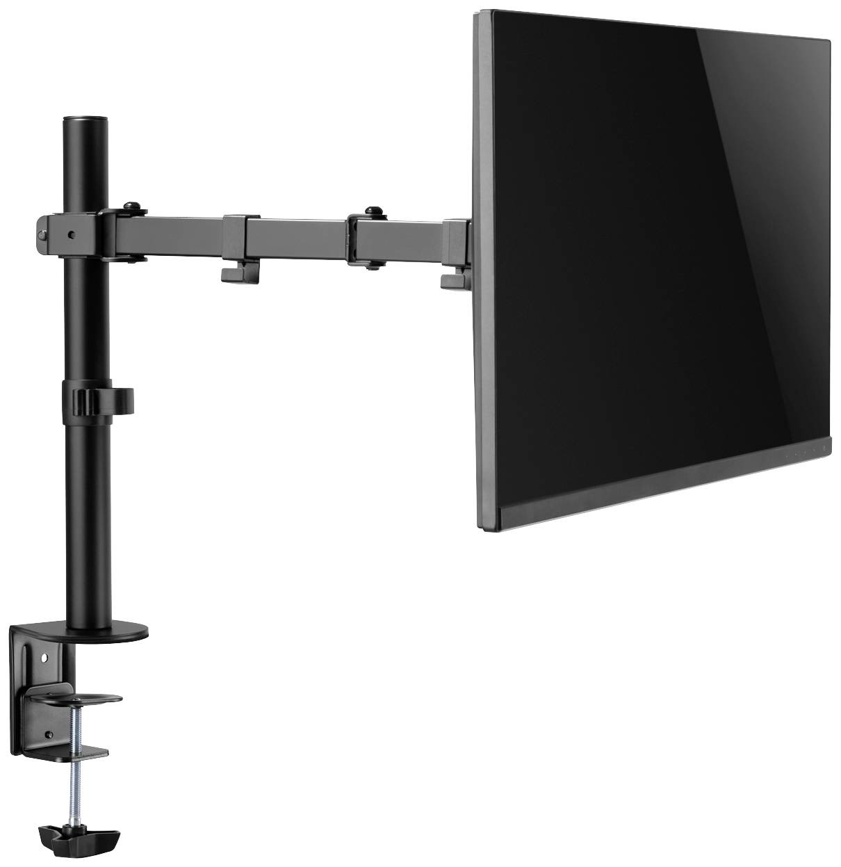 Ein verstellbarer Monitorarm aus Metall, der an einem Tisch befestigt ist, hält einen Flachbildschirm. Ideal für ergonomische Arbeitsplätze.