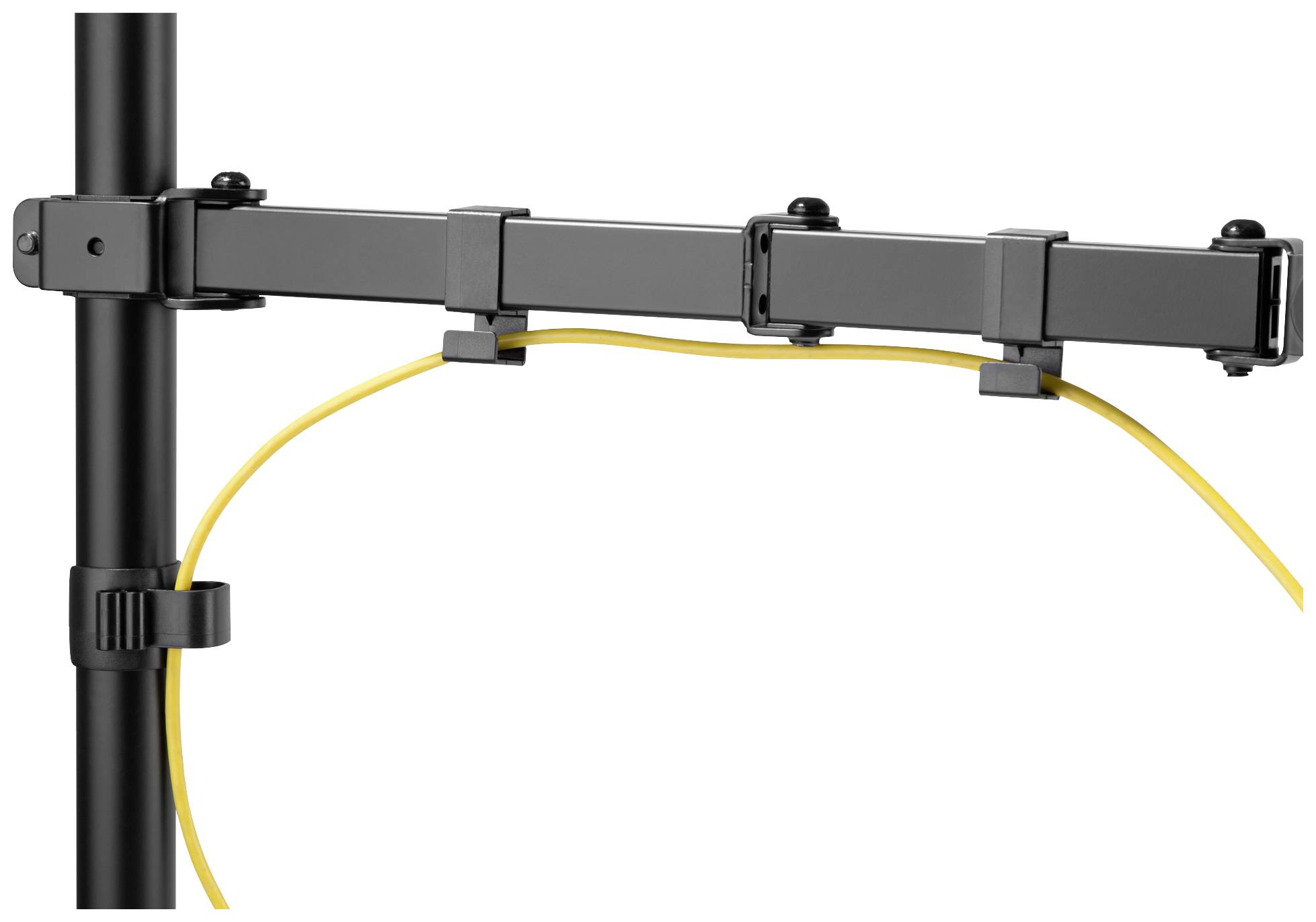 Ein Kabelmanagementsystem mit gelbem Kabel an einem vertikalen Ständer befestigt; sorgt für organisierte Kabelführung.