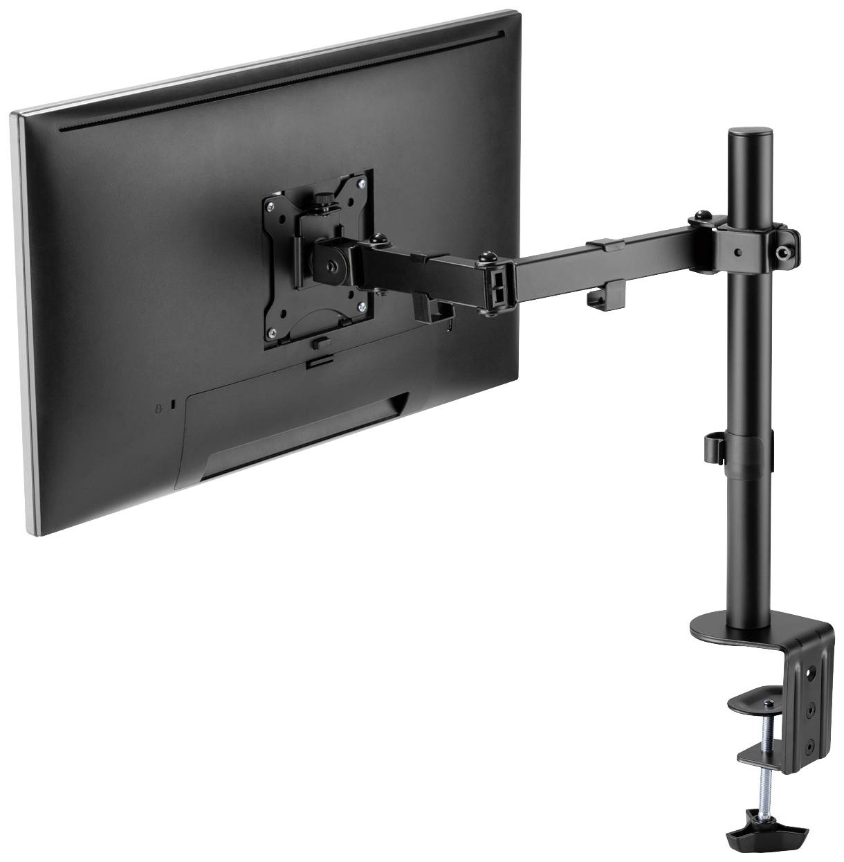 Ein Monitorarm mit Klemmbefestigung, zeigt eine Halterung in einem Arbeitsplatz-Setup. Er bietet höhenverstellbare und schwenkbare Funktionen.