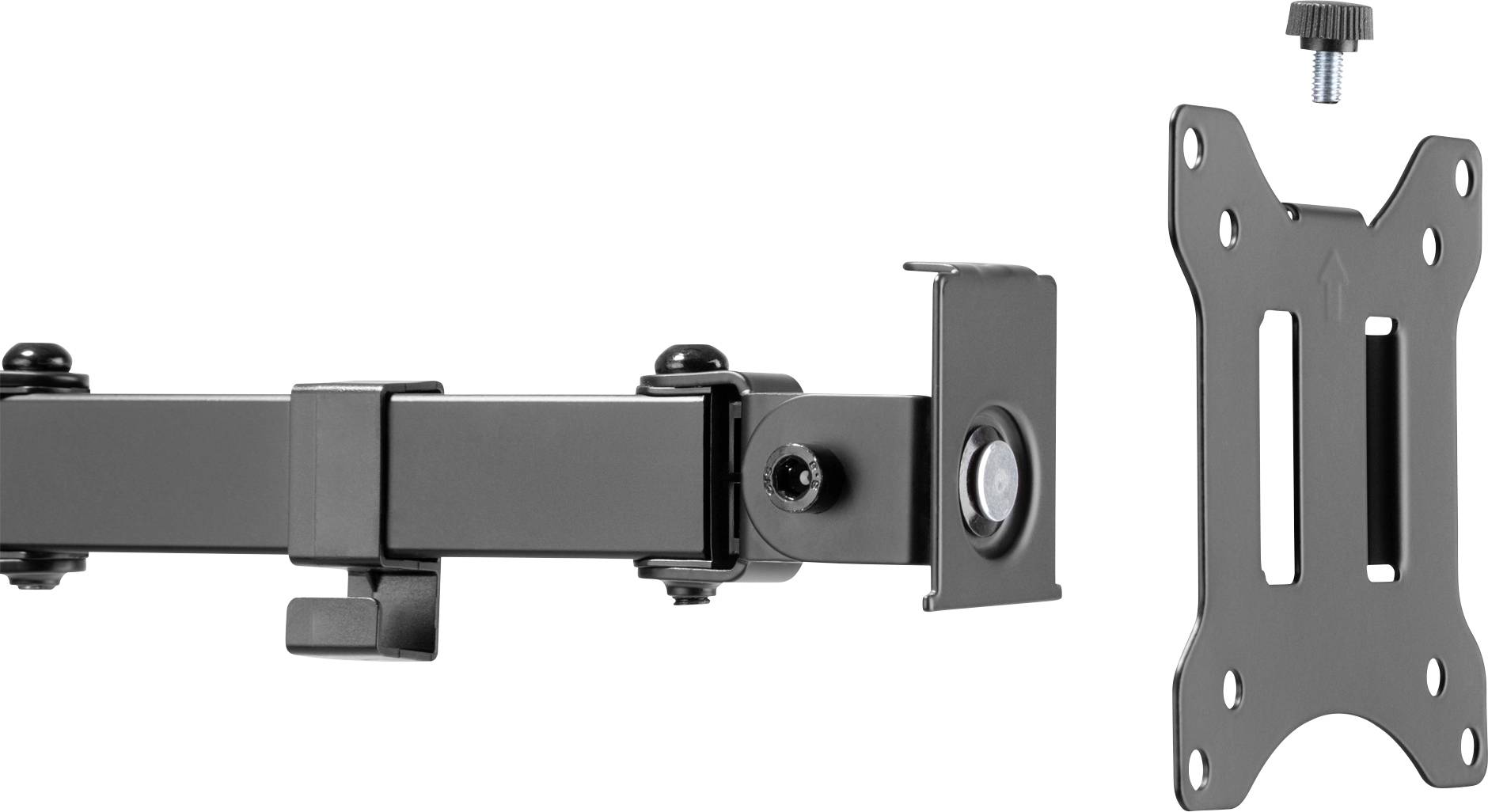 Metallische Halterungsteile eines Monitorarms, bestehend aus einem verstellbaren Gelenkarm und einer VESA-Montageplatte.