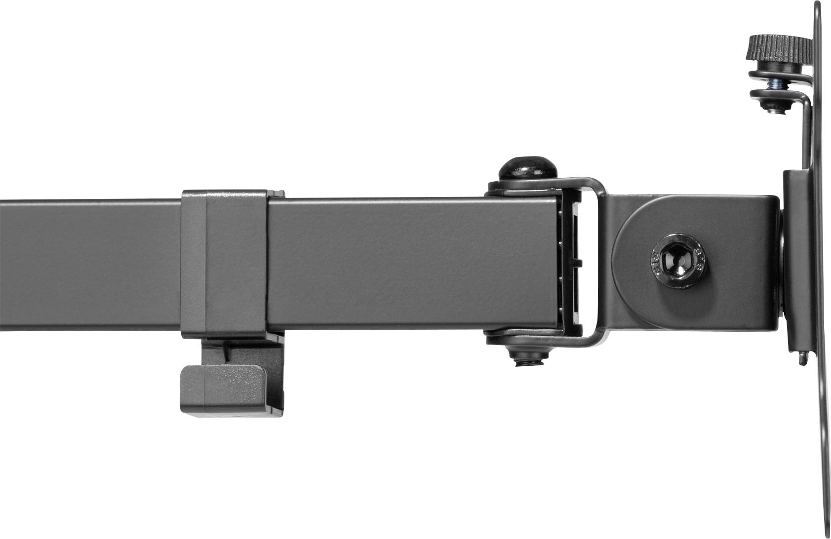 Nahaufnahme eines schwarzen mechanischen Arms mit Gelenken und einem Knopf zur Einstellung. Der Arm ist horizontal ausgerichtet.