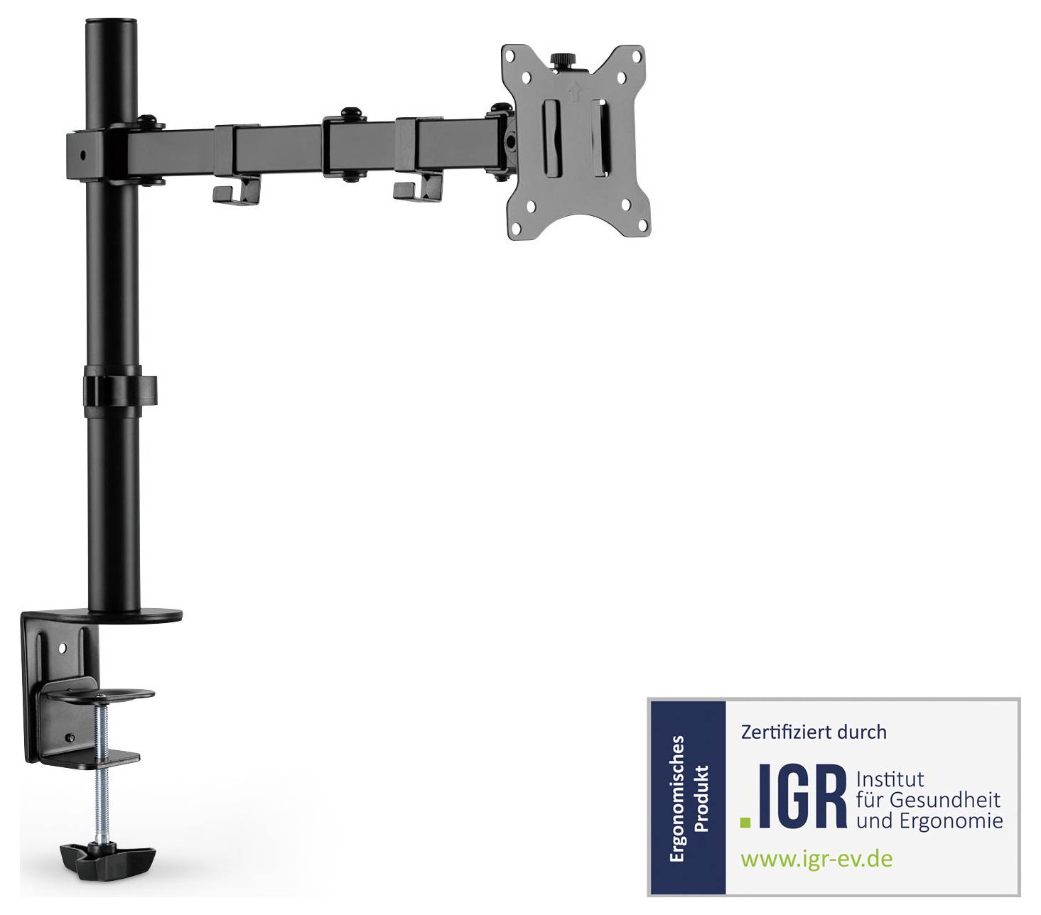 Schwarzer, höhenverstellbarer Monitorhalter mit Tischklemme und VESA-Halterung, zertifiziert durch das Institut für Gesundheit und Ergonomie (IGR).