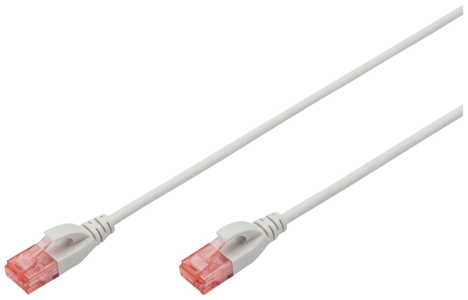 Ein weißes Netzwerkkabel mit roten RJ45-Steckern an beiden Enden, geeignet für Ethernet-Verbindungen.