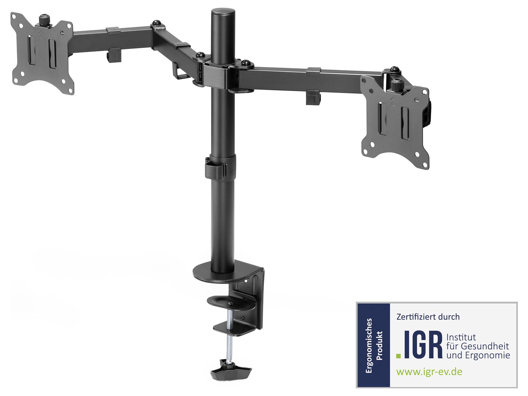 Ein Dual-Monitorhalter, schwarz, mit verstellbaren Armen zur Schreibtischmontage. Unten rechts ein Logo des Instituts für Gesundheit und Ergonomie.