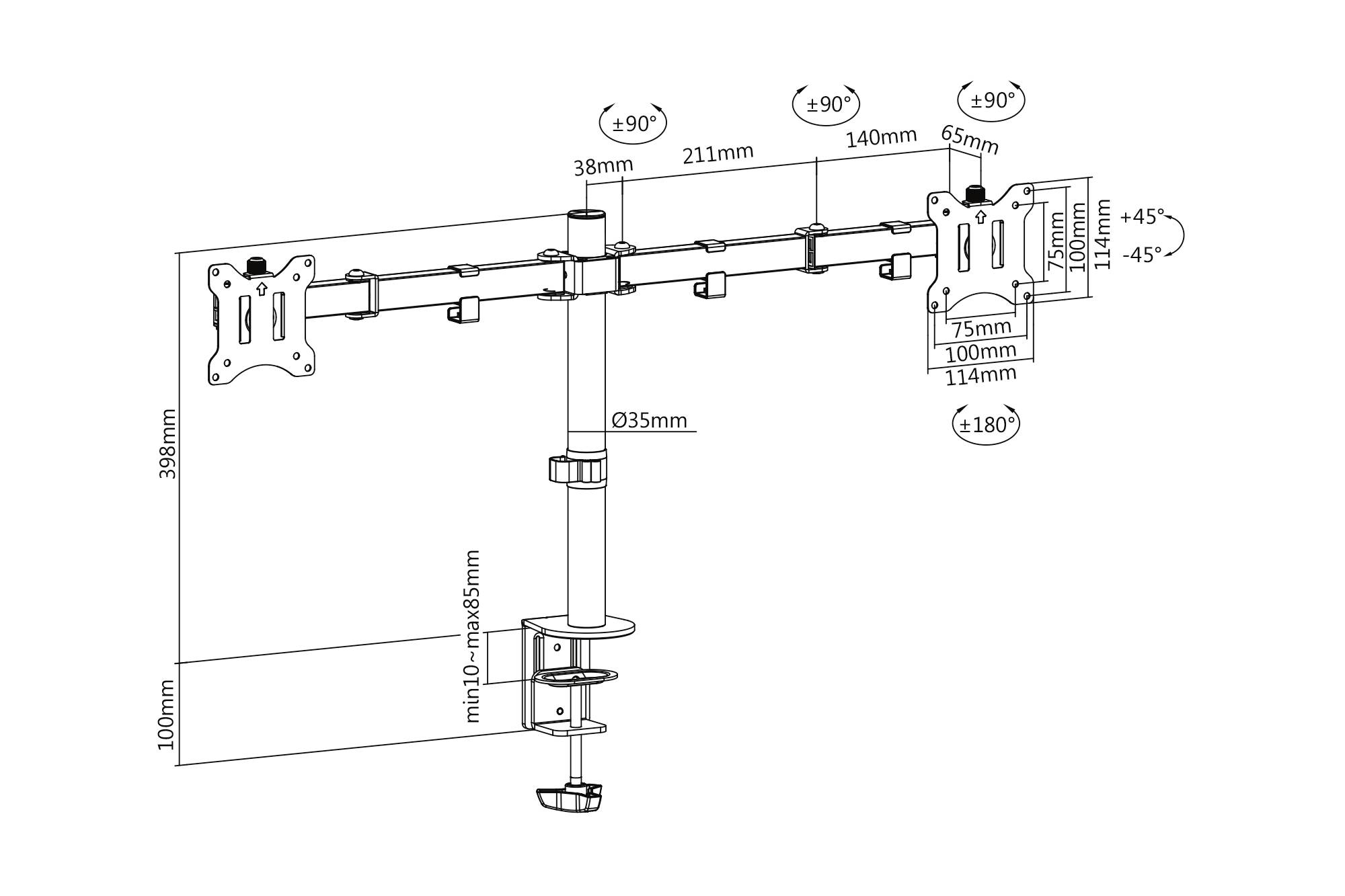 Diagramm einer Tischhalterung für zwei Monitore mit verstellbaren Armen. Maße und Drehwinkel angegeben: Höhe 398mm, Breite 911mm.