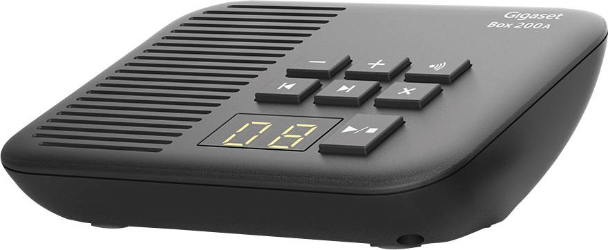 Schwarzer Anrufbeantworter mit Lautsprechergitter, Tastenfeld mit Zahlenanzeige '06'. Markiert mit 'Gigaset Box 200A'.