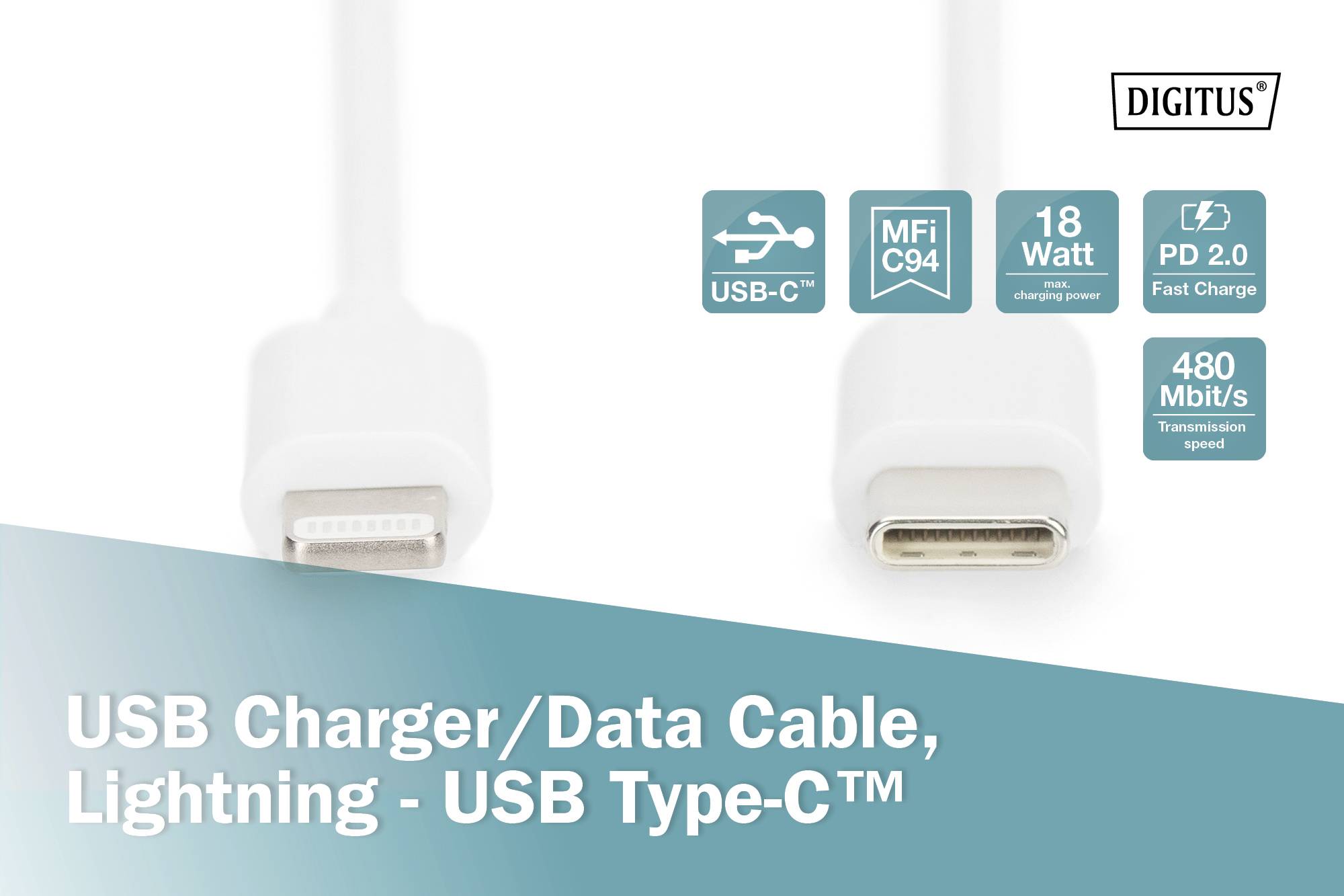 Weißes USB-Lade-/Datenkabel mit Lightning- und USB-C-Anschlüssen. Unterstützt MFi C94, 18 Watt Schnellladung, PD 2.0, 480 Mbit/s.