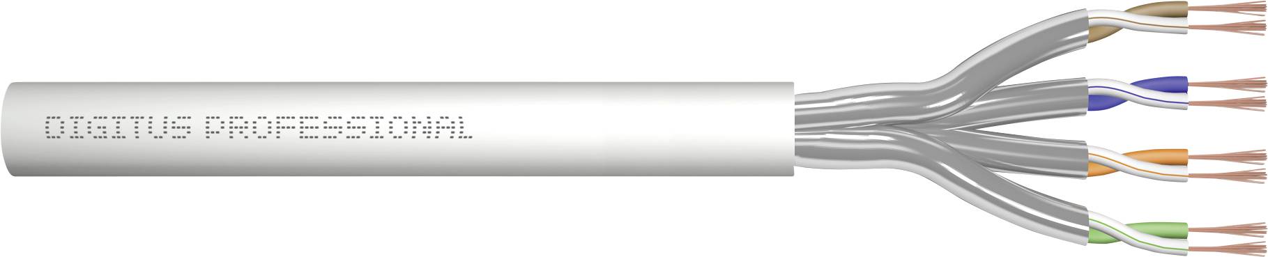 Ein Ethernet-Kabel mit mehreren farbigen Drähten sichtbar an einem Ende, beschriftet mit 'Digitus Professional'.