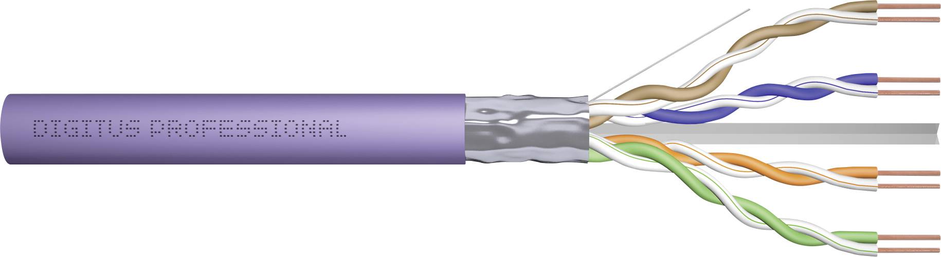 Abbildung eines offen geschnittenen Netzwerkkabels mit vier paarig verdrillten Adernpaaren in verschiedenen Farben, lila Außenmantel.