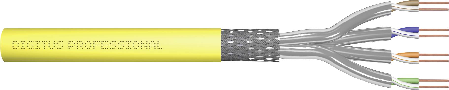 Ein gelbes Kabel mit der Aufschrift 'DIGITUS PROFESSIONAL', zeigt mehrere offene Drähte mit verschiedenen Farbkodierungen.
