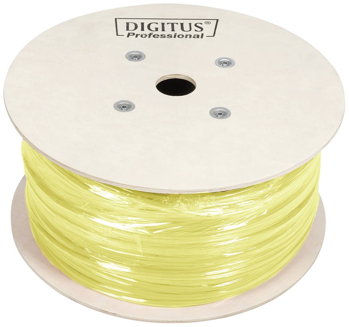 Eine große Spule mit gelbem Kabel, oben mit der Aufschrift 'DIGITUS Professional'.