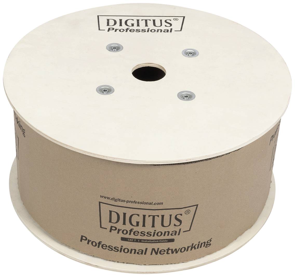 Holzspule mit Aufschrift 'DIGITUS Professional Networking', geeignet für Kabelaufbewahrung.
