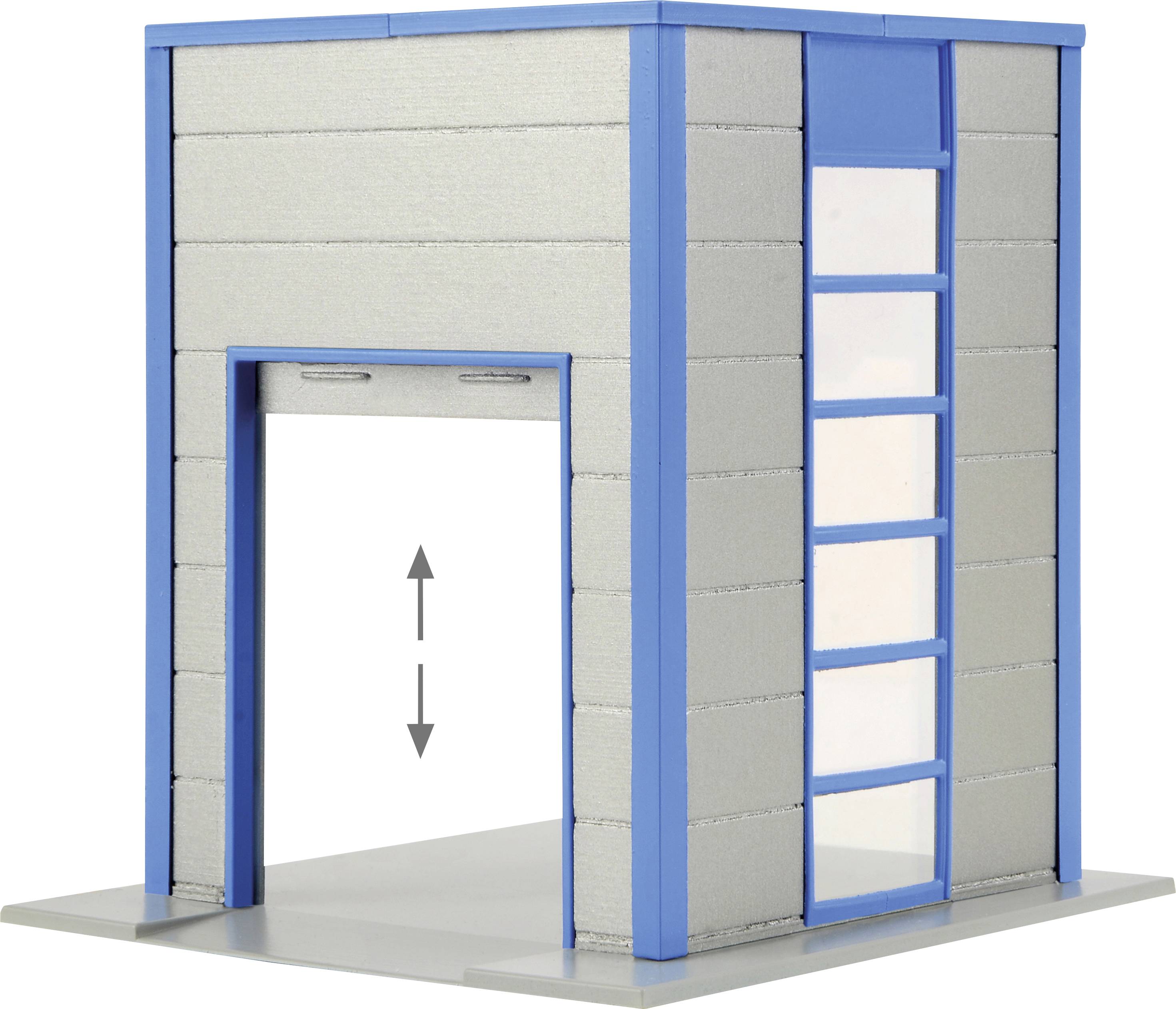 Graues und blaues Garagentor-Modell mit vertikalem Pfeil zur Anzeige der Öffnungsrichtung. Wände haben blaue Rahmen.