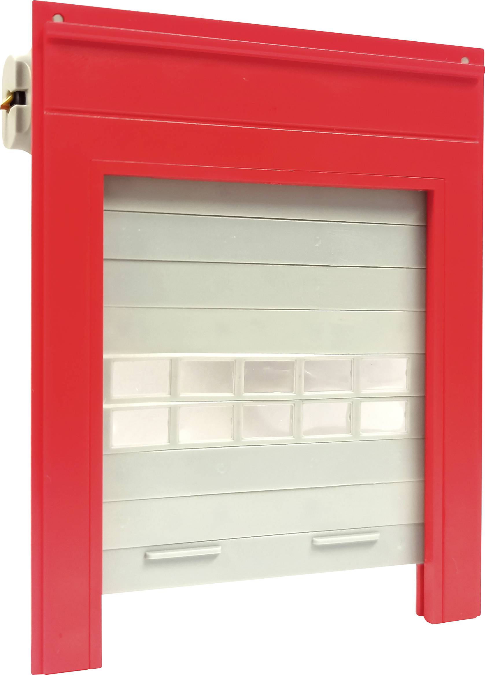 Rotes Garagentor mit grauen Paneelen und transparentem Abschnitt in der Mitte.