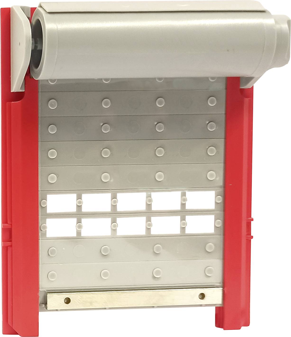 Roter und grauer Handtuchhalter an der Wand montiert, mit Rollenhalterung oben, geeignet für Werkstatt oder Garage.